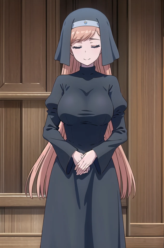 masterpiece, best quality,  fabipriestess, veil, black dress, long puffy sleeves, long dress, huge breasts, cowboy shot, standing, looking at viewer, closed eyes, smile, hands to hips