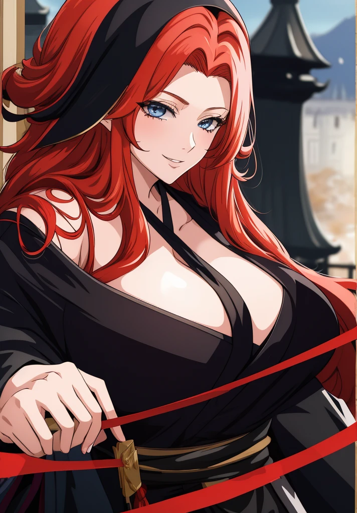 Black kimono, huge , busty, red hair, elf ears,  blue eyes, long hair,  detailed, masterpiece, best quality, 4K, HDR, castle, night, smile, close up face