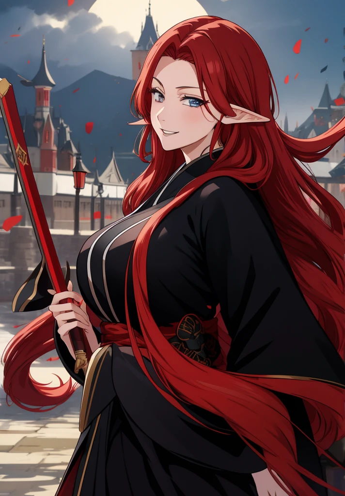 Black kimono, huge , busty, red hair, elf ears,  blue eyes, long hair,  detailed, masterpiece, best quality, 4K, HDR, castle, night, smile, close up face