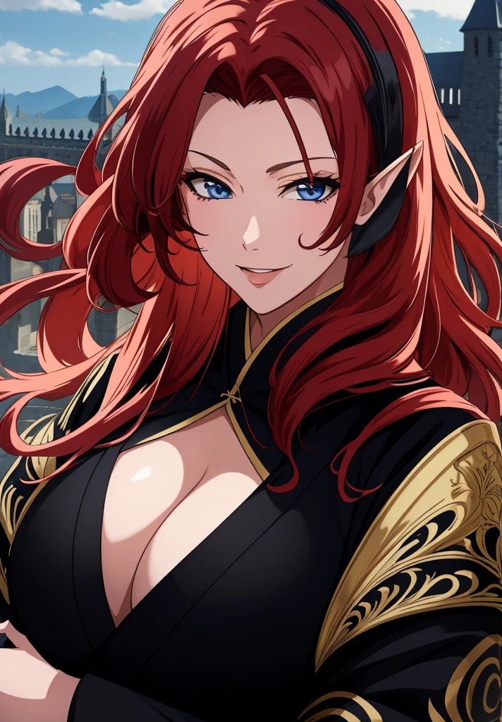 Black kimono, huge , busty, red hair, elf ears,  blue eyes, long hair,  detailed, masterpiece, best quality, 4K, HDR, castle, night, smile, close up face