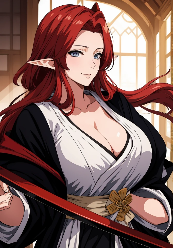 Black kimono, huge , busty, red hair, elf ears,  blue eyes, long hair,  detailed, masterpiece, best quality, 4K, HDR, castle, night, smile, close up face