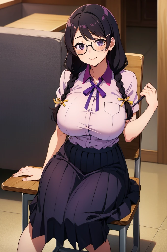 best quality, high resolution, 1girl, (huge breasts:1.2), , skirt, school, blush, smile,  closed mouth, sitting, chair, hanekawa tsubasa, long hair, black hair, hair ornament, (purple eyes:1.1), braid, hairclip, twin braids, glasses,