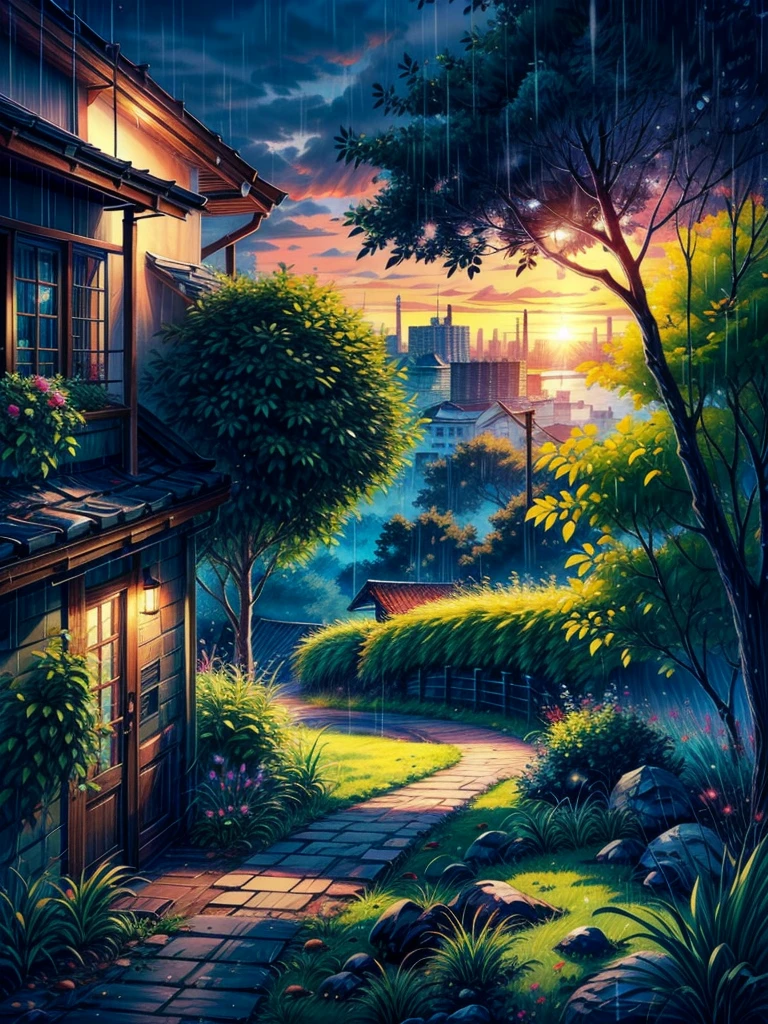 Excelente qualidade, obra de arte, High Resolutisobre, After the colorful evening and before the dark night, there's a peaceful moment that comforts my soul. The sound of rain brings healing to my heart. And just before the sunrise, everything feels calm and still, like the world is taking a rest. These moments mean a lot to me, giving me a chance to relax and feel refreshed. Nature's beauty always makes me feel better and reminds me of the simple things that bring joy.