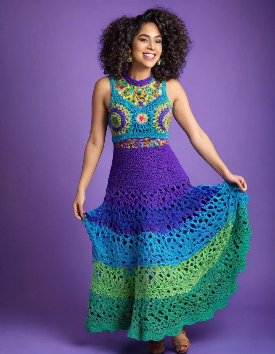 a woman wearing a blue and green crocheted top with a purple background, an album cover inspired by Ambreen Butt, pinterest contest winner, process art, intricate fantasy dress, intricate dress, colorful dress, full covered dress, renaissance colorful dress, blue swirling dress, intricate gown, stylish dress, bright yet cool colors, intricate clothes, beautiful clothes, wearing amazing clothes