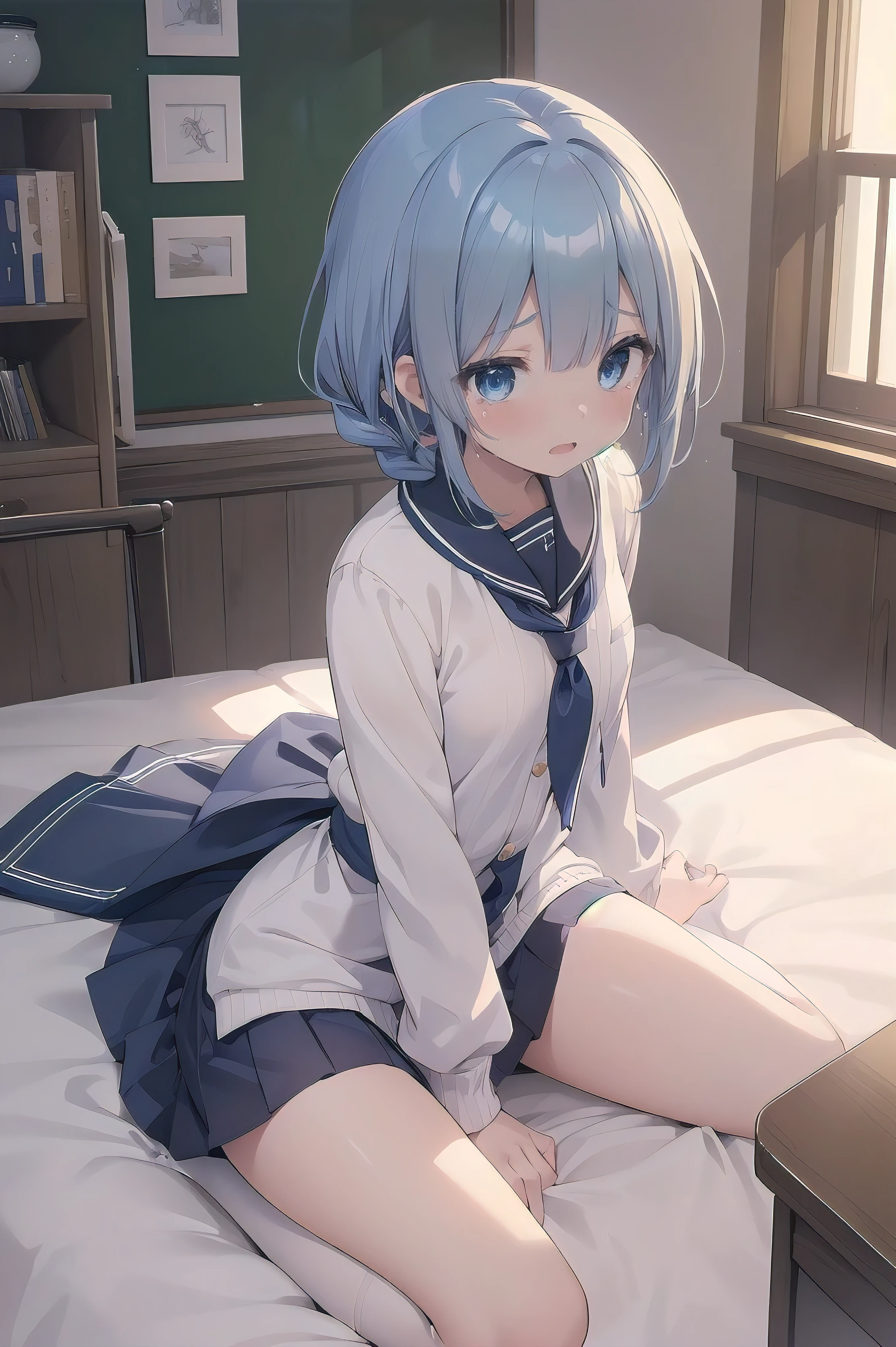 (8k, 最high quality)、Ultra-high resolution、adorable、最high quality, beautiful, Absurd beauty,Ultra-high resolution、Bright blue hair、Blue eyes、 girl、Small breasts、((Braided half bob hair))、uniform、Me in a knitted cardigan、Looks about 、 (cryin) ,Cute Characters, Most detailed, high quality、(missionary, 1boy,  lying, vaginal, ass pov, sex, nsfw)、nose blush、steam、Oblique angle、Shiny Hair、Very fine and beautiful bright eyes、be scared、Very detailed, clear and beautiful face, Being stripped of clothes、No clothes、Slender body、Awards, Anatomically correct、((Scared))