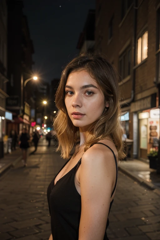 A beautiful blonde woman with slanted eyes, In a city with buildings, in the night

