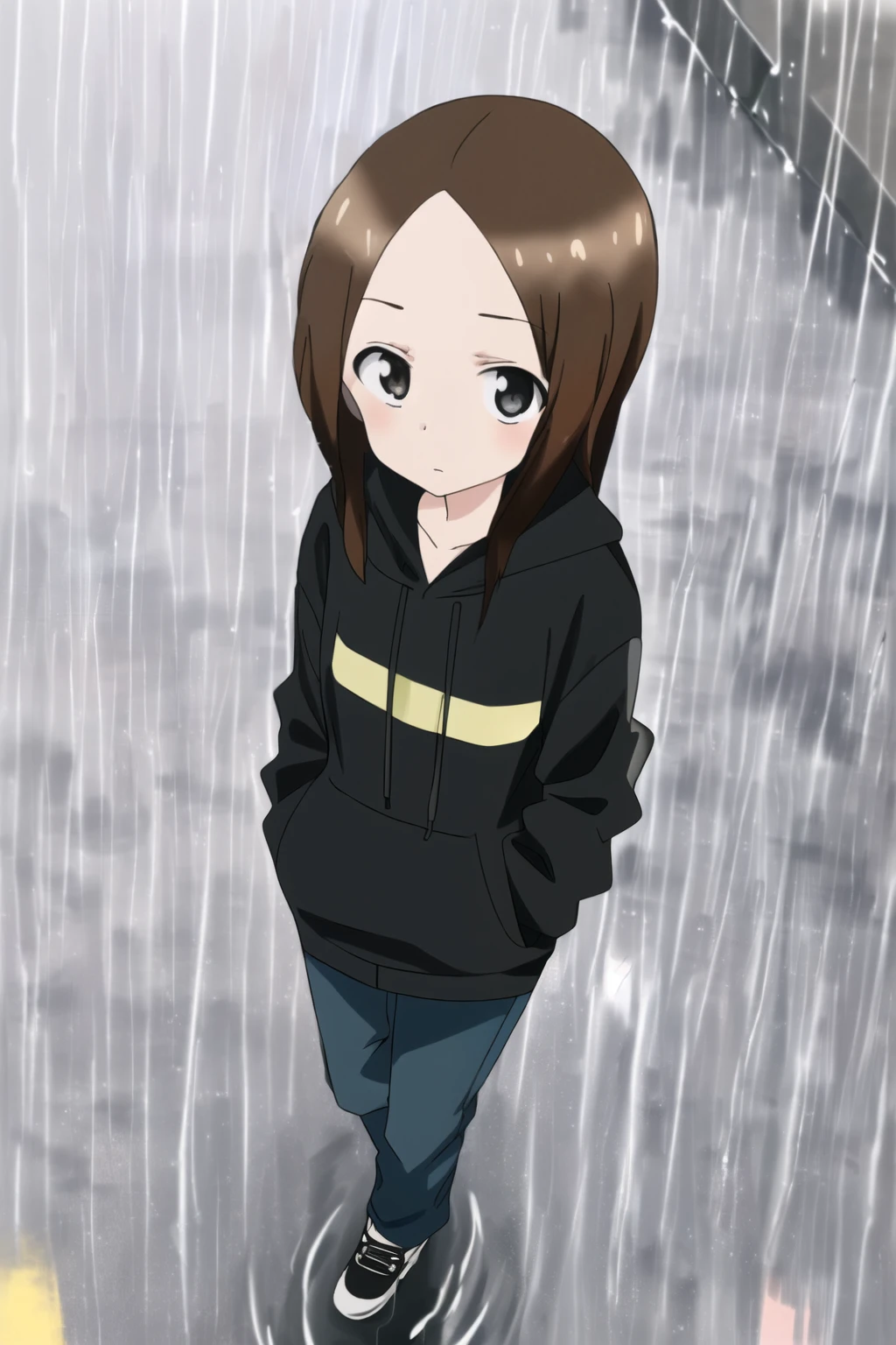 Takagi1, 1 girl, Alone, quality: alta quality, (((high resolution))), (((vibrant colors))), realistic behavior: serious expression, standing still, (((looking at the viewer)))
Clothes: (((black hood))), (((Black pants))), ((black shoes)), Location Pullover Hoodie: outdoor, (((Rainy weather,))) (((wet asphalt))), (((water reflections,))) nearby traffic light Location: standing, (((hands in pockets))) (((hood on))), (((Heavy Rain)))
camera: (((High angle shot))), ((From above))
Turning on: (((illuminated by the colors of a nearby traffic light))), (((dim lighting due to Heavy Rain)))