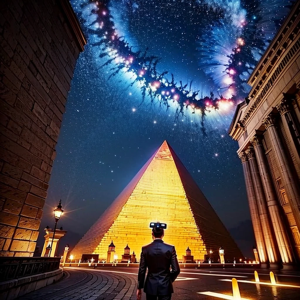 in the city,There are magnificent pyramids inside,Under the Pyramid,A person wearing VR glasses looking at the pyramids,Game CG,Extremely high resolution,night
