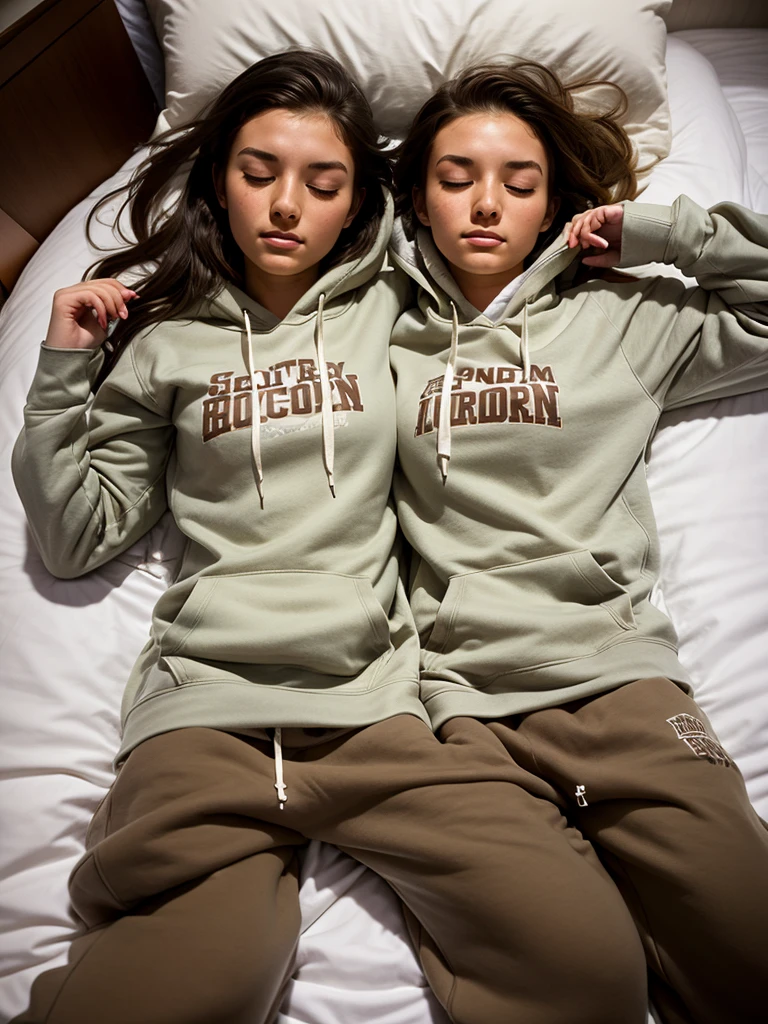 (conjoined_dicephalus), (2heads), 19-year-old white girl with two heads, long messy brown hair, closed eyes, wearing a hoodie and sweatpants, laying on a bed, in a college dorm, asleep