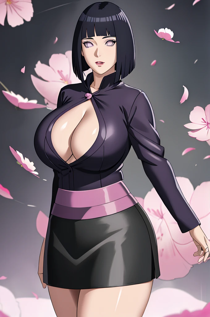 masterpiece, absurdres, hinata\(boruto\), 1girl, solo,mature female, looking at viewer, (falling petals), perfect composition, detailed lips, gigantic , beautiful face, body propotion, (pink lips), short hair,  purple eyes,  soft gaze,  super realistic, detailed, photoshoot, realistic face and body, ((black skirt suit:1.1), pencil skirt, miniskirt,curvy, thighs, higheels, shiny clothes, skin tight), , curvy, cowboy shot, cleavage, curvy , bubble , back view