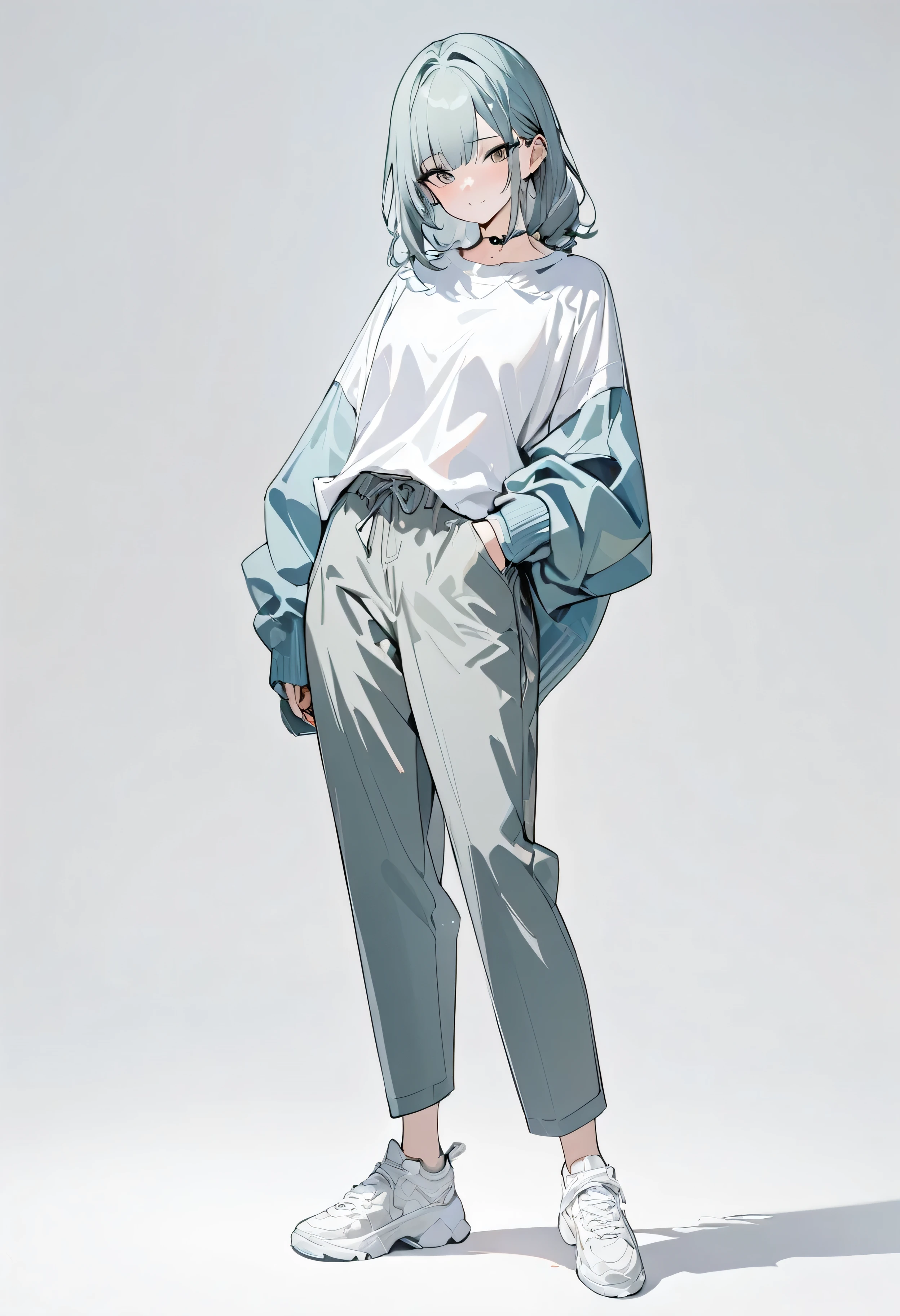 (Masterpiece, highest quality: 1.2, 8K), center, full body, one girl, shirt in neutral color, pants in neutral color, cool casual fashion, simple sneakers, simple background, pure white background #fff fff, eyes open 20 year old adult with delicate eyes