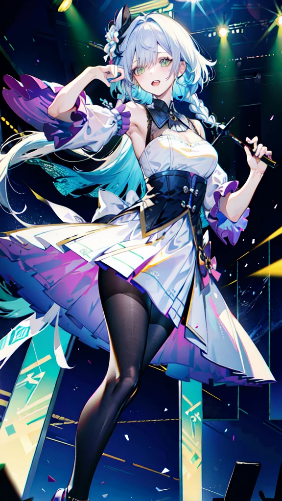 (best quality, Detailed background, High resolution, absurd, bloom, disheveled hair, shiny hair, expostured in lighting, Smart pupils),
1 Girl, Focus on the legs, earpiece, long hair, silver hair, Large target_breast, action_posture, permanent,  Put your hands behind your back, stage, spotlight, Glass Ceiling, 
shenhe \(Genshin Impact\), hair_Decorations, hair over one eye,  Designer Dresses,  Dutch_angle,