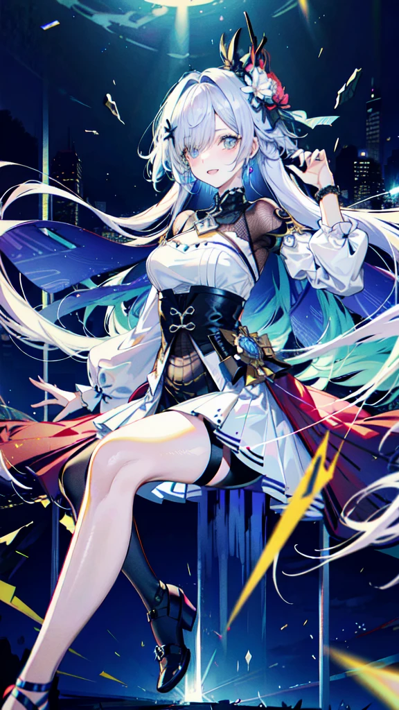 (best quality, Detailed background, High resolution, absurd, bloom, disheveled hair, shiny hair, expostured in lighting, Smart pupils),
1 Girl, Focus on the legs, earpiece, long hair, silver hair, Large target_breast, action_posture, permanent, Put your hands behind your back, stage, spotlight, Glass Ceiling,
shenhe \(Genshin Impact\), hair_Decorations, hair over one eye, Designer Dresses, Dutch_angle,