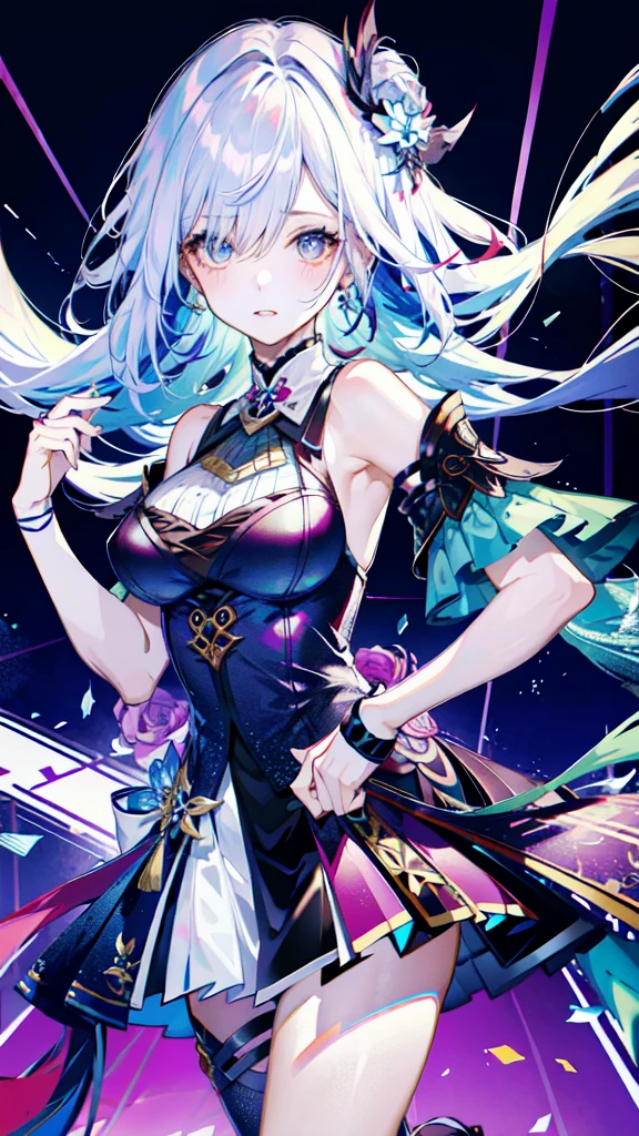 (best quality, Detailed background, High resolution, absurd, bloom, disheveled hair, shiny hair, expostured in lighting, Smart pupils),
1 Girl, Focus on the legs, earpiece, long hair, silver hair, Large target_breast, action_posture, permanent, Put your hands behind your back, stage, spotlight, Glass Ceiling,
shenhe \(Genshin Impact\), hair_Decorations, hair over one eye, Designer Dresses, Dutch_angle,