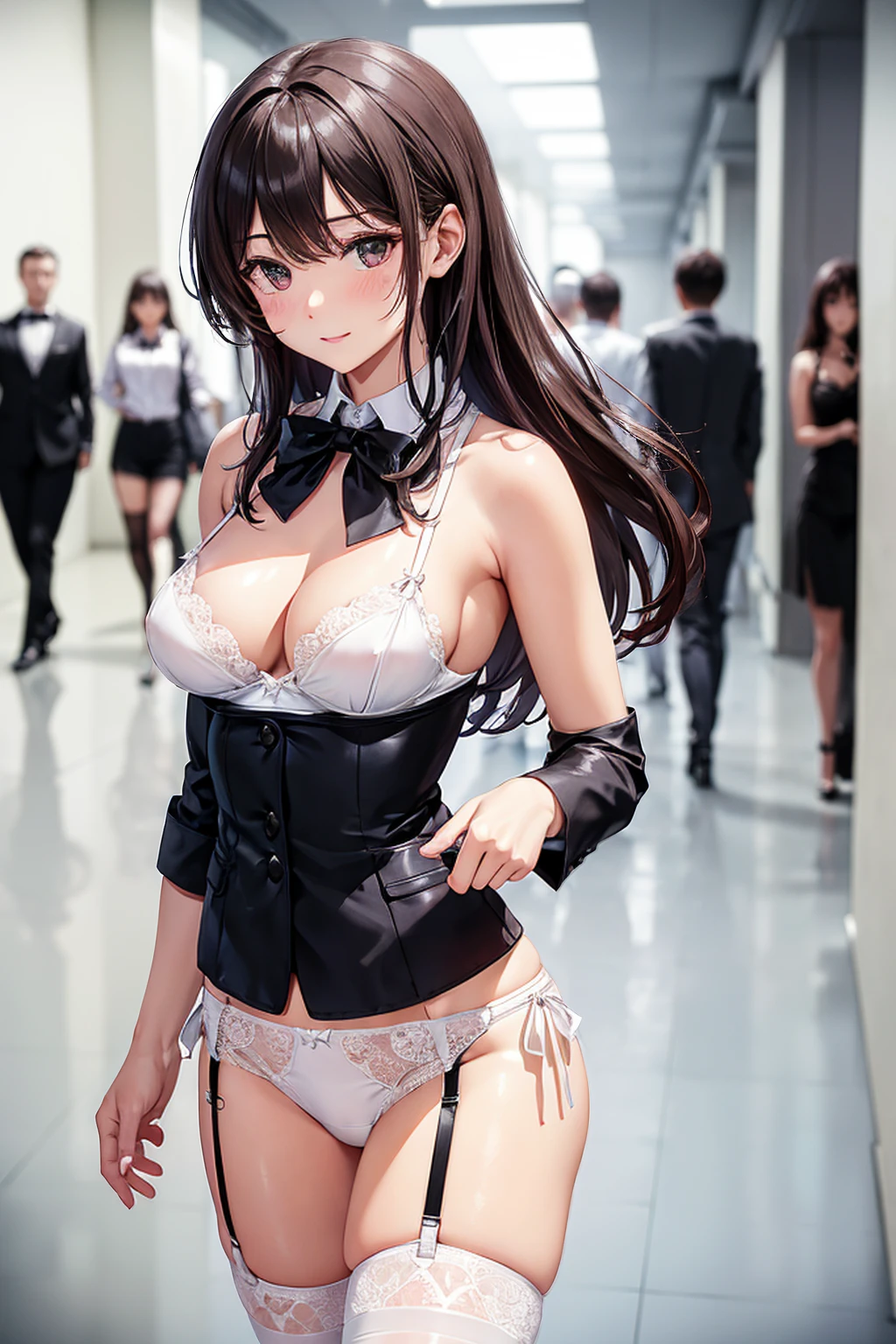 ((一人のWoman in underwearはセクシーに歩いている:1.5)), Beautiful Anime Women, Beautiful art style, Anime characters, ((Smooth texture, Realistic texture, Anime CG Style)), ((Highest quality)), (Very detailed), (Very detailed CG 統合 8k 壁紙), Very detailed, High-resolution RAW color photos, Professional photography, (Brown Hair, Stylish hairstyle:1.1), Great face and eyes, Beautiful and big breasts, Slender body, (Stunningly beautiful woman), (Detailed face:1.2), (Office corridor, There is a window in the hallway:1.4), (Many men in suits are walking in the background:1.5), ((Bow tie around neck:1.3), (Black high heels:1.1), (Sexy and cute white underwear:1.3), (Stylish shiny white satin panties, Side-tie panties, Panties with plain white center and black lace on the sides:1.3), (Thin panties:1.3), (White micro lace satin bra, White bra with black lace trim, Thin bra:1.3), (lace garter belt, Garter Strings, Knee socks:1.3):1.3), (naked, Woman in underwear, 女性はブラとパンティとKnee socksとガーターベルトだけを着用:1.5), Exact number of arms, Exact number of legs, Perfect Anatomy, (Embarrassed expression, Surprised expression), Angle from the front, Exact finger count、Exact number of legs、(Exact number of arms:1.0, Exact number of hands:1.0), (Perfect hands, Perfect Anatomy)