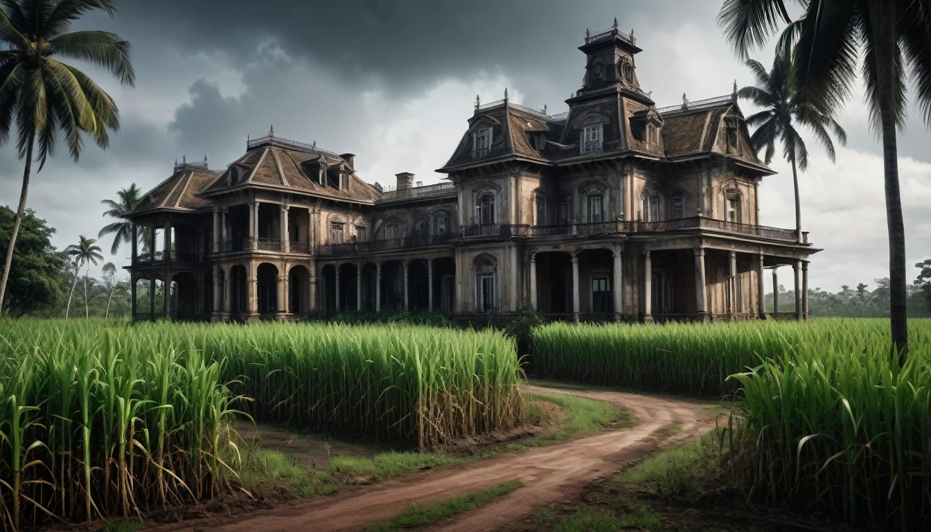 A scary horror image of a mansion in a small town surrounded by sugar cane plantations, there was an old mansion, PICTURE REALISTIC, high resolution, 8K
