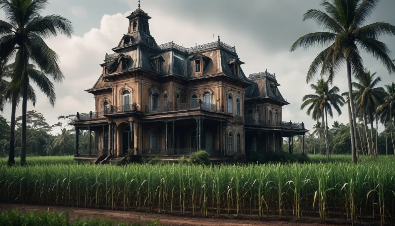 A scary horror image of a mansion in a small town surrounded by sugar cane plantations, there was an old mansion, PICTURE REALISTIC, high resolution, 8K
