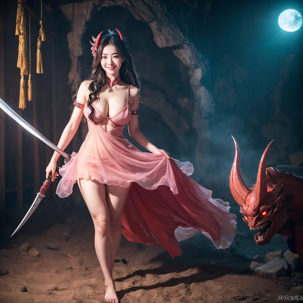Full- body pov view, A devil beautiful Chinese girl riding the sword, dragon behind, wearing broken pink thin transparent dress, topless, plump fantastic posture, big breasts and chest, busty, long legs, fire and ice elements on her hands, extremely cold mountain, bracelet and anklet, long beautiful hair windblown, very realistic ultra realistic full body ultra hd 8k, gorgeous face, tempt smile.