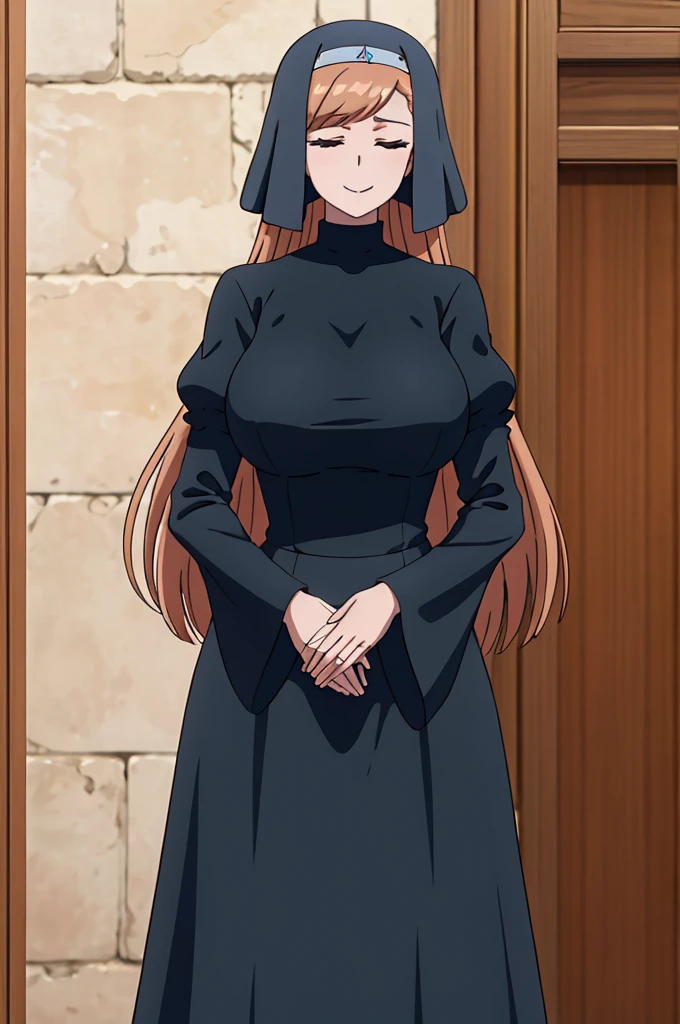 masterpiece, best quality,  fabipriestess, veil, black dress, long puffy sleeves, long dress, huge breasts, cowboy shot, standing, looking at viewer, closed eyes, smile, hands to hips