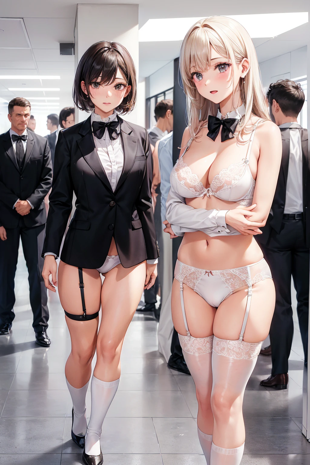 ((一人のWoman in underwearはセクシーに歩いている:1.5)), Beautiful Anime Women, Beautiful art style, Anime characters, ((Smooth texture, Realistic texture, Anime CG Style)), ((Highest quality)), (Very detailed), (Very detailed CG 統合 8k 壁紙), Very detailed, High-resolution RAW color photos, Professional photography, (Brown Hair, Stylish hairstyle:1.1), Great face and eyes, Beautiful and big breasts, Slender body, (Stunningly beautiful woman), (Detailed face:1.2), (Office corridor, There is a window in the hallway:1.4), (Many men in suits are walking in the background:1.5), ((Bow tie around neck:1.3), (Black high heels:1.1), (Sexy and cute white underwear:1.3), (Stylish shiny white satin panties, Side-tie panties, Panties with plain white center and black lace on the sides:1.3), (Thin panties:1.3), (White micro lace satin bra, White bra with black lace trim, Thin bra:1.3), (lace garter belt, Garter Strings, Knee socks:1.3):1.3), (naked, Woman in underwear, 女性はブラとパンティとKnee socksとガーターベルトだけを着用:1.5), Exact number of arms, Exact number of legs, Perfect Anatomy, (Embarrassed expression, Surprised expression), Angle from the front, Exact finger count、Exact number of legs、(Exact number of arms:1.0, Exact number of hands:1.0), (Perfect hands, Perfect Anatomy)