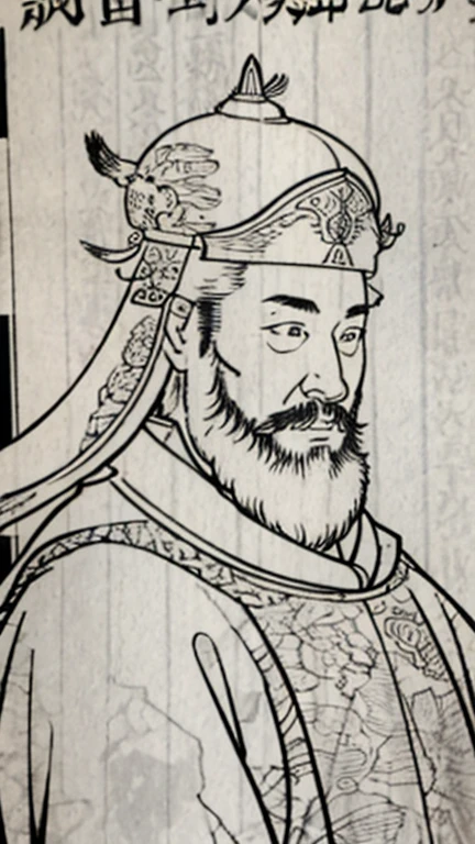 (((Monochrome))、((Men in ancient China))、(A long string ornament on the top of the helmet)、Highest quality、masterpiece、Ultra-high resolution、(Realistic:1.4)、Game Poster、Three Kingdoman with a beard,Oriental、