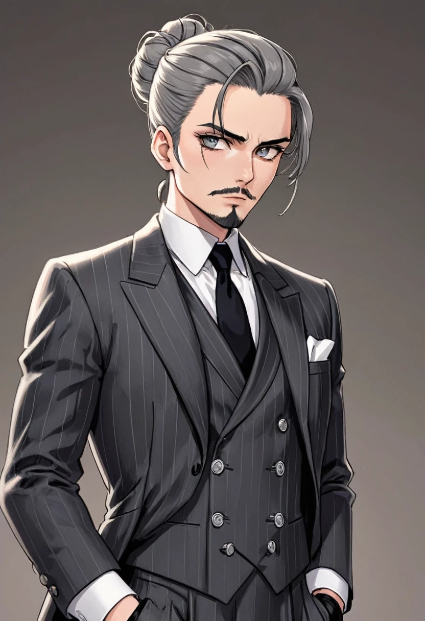 A tall man, wearing a gray suit with pinstripes and a double-breasted design.He wears a white shirt and a black tie, plus a black vest under the jacket. The jacket has wide lapels and flap pockets.He wears black gloves and shiny black shoes.Your hair is tied up in a bun. your expression is serious, with arched eyebrows and a short, neatly trimmed beard.Your eyes are piercing, and he seems to be looking straight ahead.