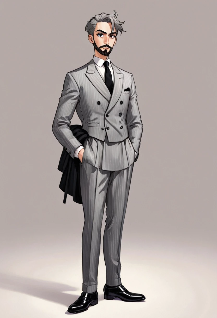 A tall man, wearing a gray suit with pinstripes and a double-breasted design.He wears a white shirt and a black tie, plus a black vest under the jacket. The jacket has wide lapels and flap pockets.He wears black gloves and shiny black shoes.Your hair is tied up in a bun. your expression is serious, with arched eyebrows and a short, neatly trimmed beard.Your eyes are piercing, and he seems to be looking straight ahead.