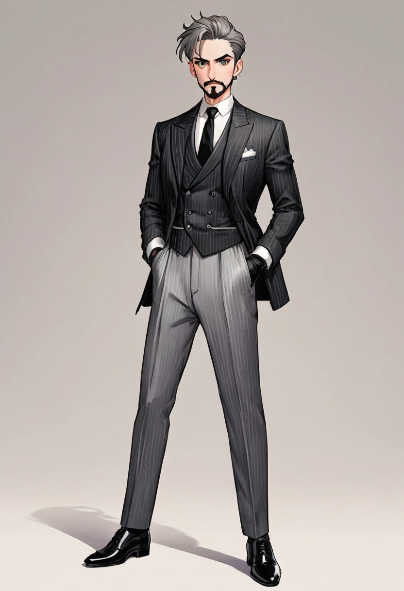 A tall man, wearing a gray suit with pinstripes and a double-breasted design.He wears a white shirt and a black tie, plus a black vest under the jacket. The jacket has wide lapels and flap pockets.He wears black gloves and shiny black shoes.Your hair is tied up in a bun. your expression is serious, with arched eyebrows and a short, neatly trimmed beard.Your eyes are piercing, and he seems to be looking straight ahead.
