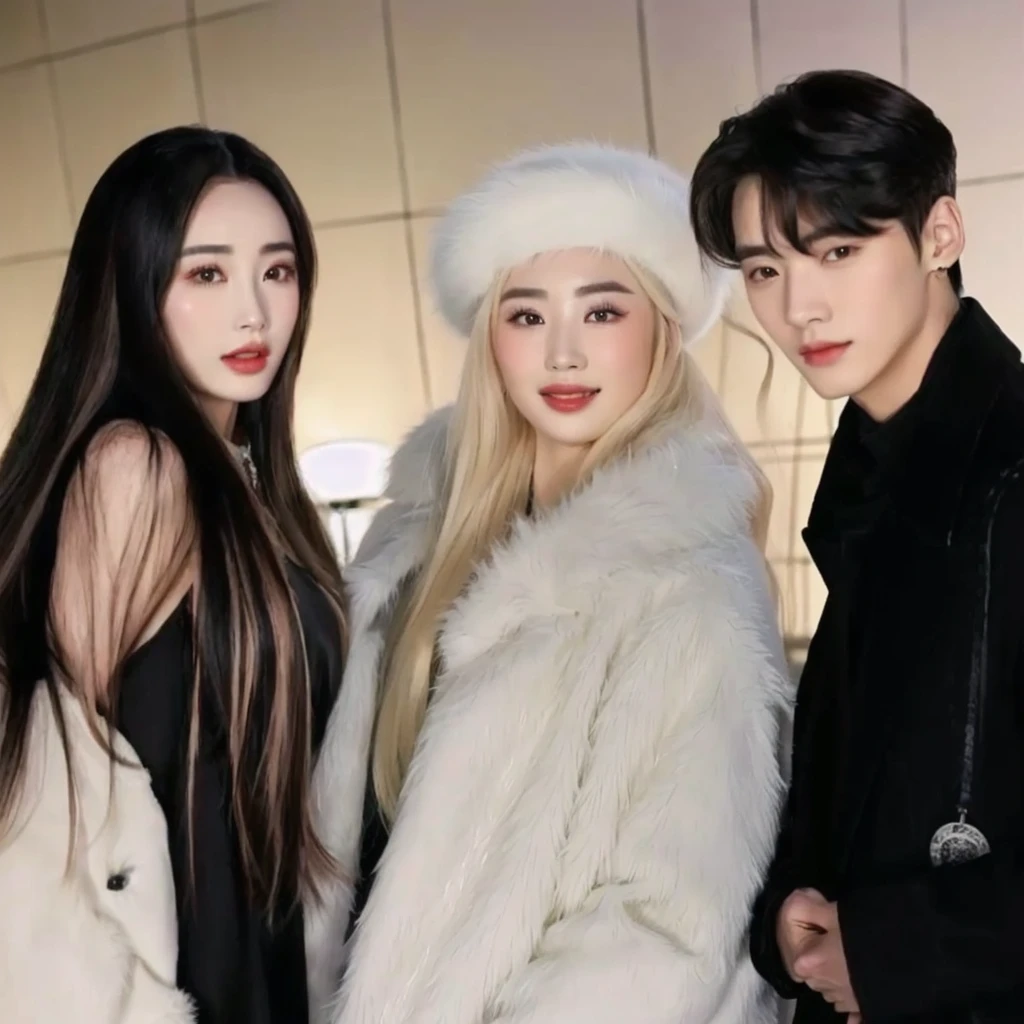three young people posing for a picture in a white fur coat, ava max, profile pic, luts, jia, xision wu, yanjun chengt, ulzzang, with long white hair, 3 heads, 😭 🤮 💕 🎀, exophilia, # oc, #oc, kpop, blackpink, with white long hair
