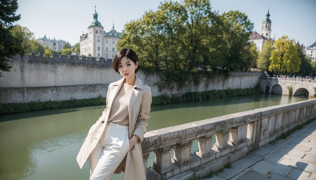 high quality, 1 woman, ((36-year-old healthy Korean woman)), ((36 years old)), 1 woman, ((slim)), ((short medium hair)), pose: standing, Myungpum brand knit sweater, light trench coat, casual pants, background:Your residence is a baroque townhouse with a plaster façade and wrought iron railings.., Overlooking the Salzach River and Hohensalzburg Fortress, 1 woman