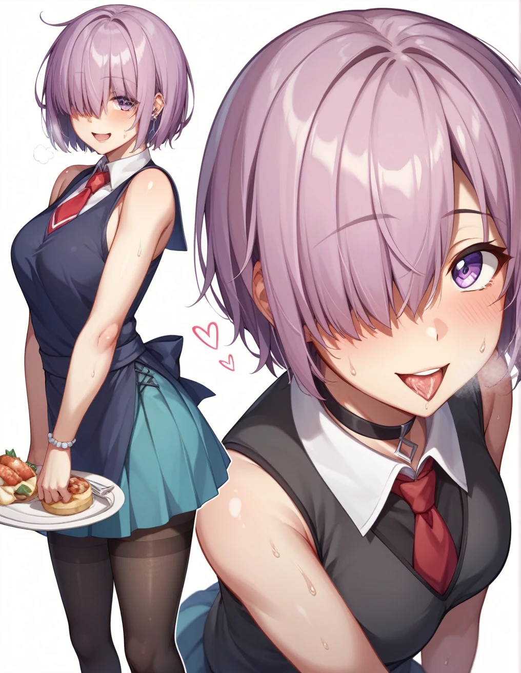 smile、Ultra-detailed illustrations、Ultra-precise expression、masterpiece、Highest quality、ultra High resolution、High resolution、Hiromitsu Takeda Style、White background、Simple Background、Mash Kyrielight、light purple hair,short hair,hair over one eyes、Black sleeveless dress, White collar、Red tie、Black Pantyhose、Purple eyes、smile、Open your mouth、Choker of Hearts、White Breath、Sweat、Glowing Skin、shiny skin、Side angle、Hold a plate、、semen、Semen、eat、Put a spoon in your mouth、