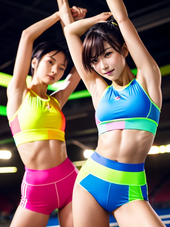 Best quality 8k resolution Ultra detailed Bright neon colored competition sportswear Serious facial expression Two women Abs Arms up Very short hair High waisted tights Flat chest Japanese Sharp focus Track and field club Very short hair 27 years old Sweating Slim and thin
