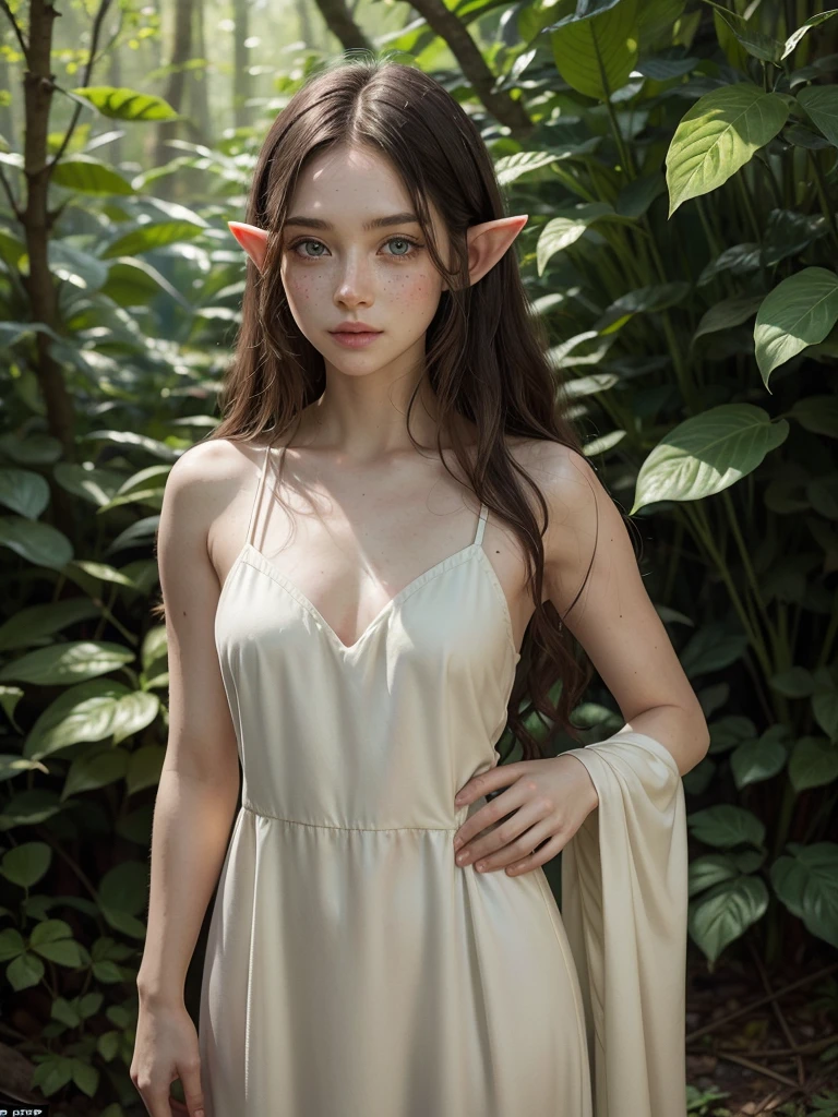 a beautiful elf adult 30 years with freckles, slender, attractive,busts extra large, with long wavy black hair, with green eyes, wearing a short white dress with golden details in the shape of leaves, in the background of an enchanted forest