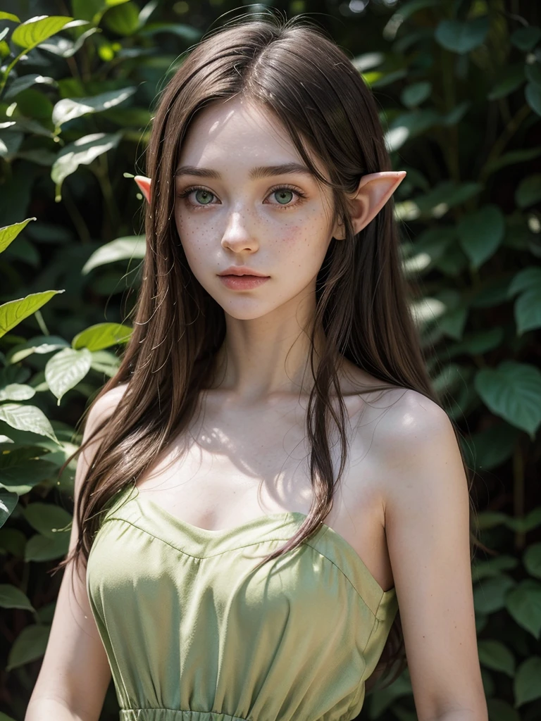 a beautiful elf with freckles, slender, attractive, with long wavy black hair, with green eyes, wearing a short white dress with golden details in the shape of leaves, in the background of an enchanted forest