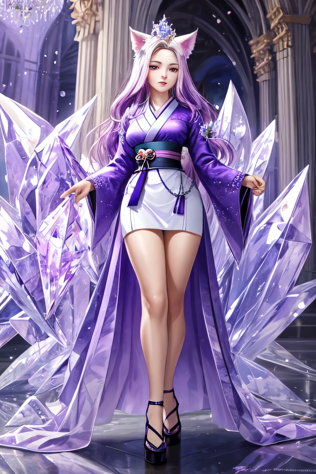 ((best quality)), ((masterpiece)), (detailed), detailed purple eyes, detailed hands, full-body image, humanoid kitsune, wearing a short kimono, crystallized crown, light purple hair, light purple fox ears, only 2 crystal foxtails, only 2 crystal foxtails, one eight-pointed star shape crystal on forehead, delicate and beautiful detailing, detailed hands, well-proportioned detailed purple eyes, well-proportioned hands, well-proportioned face, round detailed purple eyes, beautiful detailed and clear purple eyes, volume smooth and sharp, long flat light purple bangs, fictional art, best photos, best quality, 1 very beautiful and meticulous eight-pointed star shape crystal on forehead