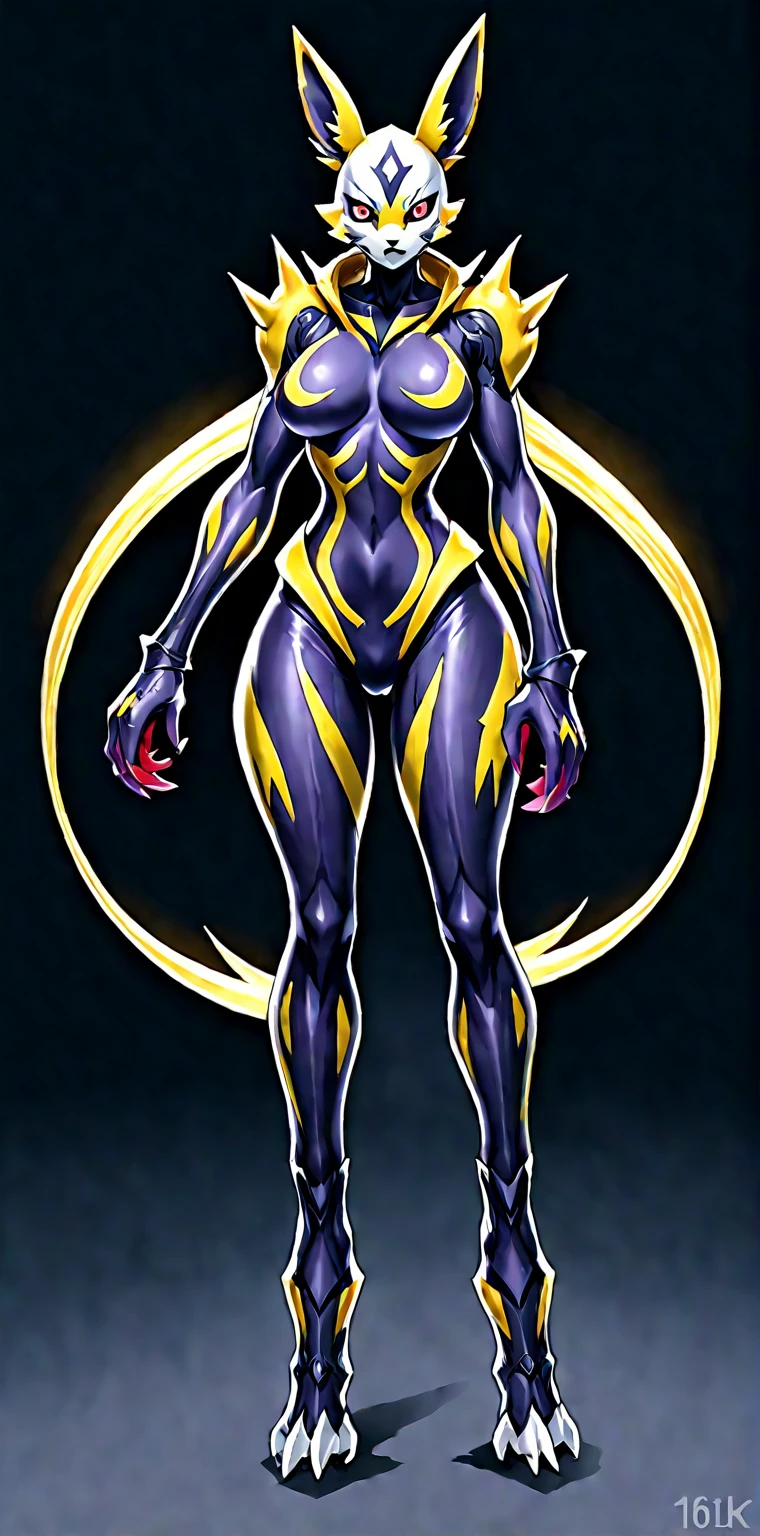 ((Whole body):1.5), NSFW，browsing caution, whole body concept art, {(((1 Woman fused with renamon))}, {Wear renamon Skin's full body suit and renamon Skin's full face mask)}, {((Fusion with renamon))}, {((Life Clothes)}, {((Fallved into Evil, Fox Monster)}, {((Yellow Full Skin Suit))}, 16K, High quality, Attention to details, Ultra High Resolution,Full-body concept art, 1 woman,A figure fused with a dragon, witch blade motivism, evil fall, symbiote skin,  Blood vessels floating all over the body, yellow and purple full body suit, enemy woman, bio full skin suit, high image quality, real, high detail, 16K, purple gloves, renamon bodysuit, fortified suit, glossy, digimon, goddess, mature female, mistress, fox mask, masterpiece, more_details:-1, more_details:0, more_details:0.5, more_details:1, more_details:1.5