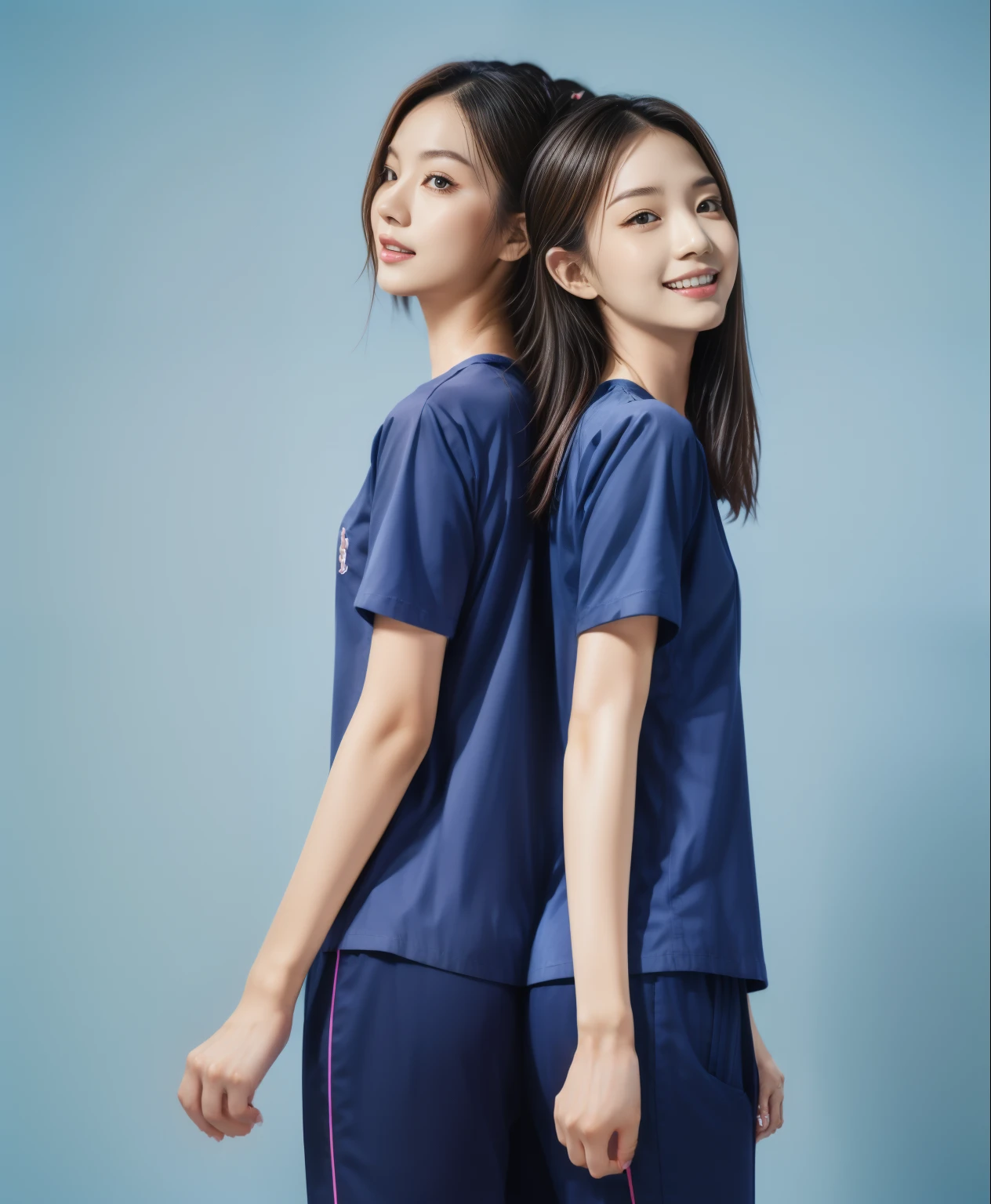 (best quality,10,10,height,Masterpiece:1.2),Special details,(realistic,ภาพrealistic,Realistic photos:1.37),1 Cute girl in the kitchen,shiny, ผิวshiny,only,smile softly,BDclothelue shirt:1.3)),short sleeve,shirt, กางเกงขาlong.,(navy_long_track pants:1.1), ((Kitchen Background)),Dynamic angle,excited,Face focus,dynamic poses,from behind,focus on ass,Masterpiece, best quality, ultra realistic, hyper detail, 8k resolution, raw photos, Sharp focus, ((Navy blue shirt:1.1)), short sleeve, เส้นทางlong, perfect body, 2 mature women, 18 years old, Cinema-grade lighting system,blue sweatpants,shirtผ้าออกกำลังกาย,correct anatomy,perfect body, correct body, Sharp face, correct bodyทางกายวิภาค, full body, realistic gestures, long-haired, realistic poses,Wear long shorts...........................,ช่วงขาlong,Good shape,carved girl, Slender figure, model, Good shape, beautiful body,blue sweatpants, two girls kissing