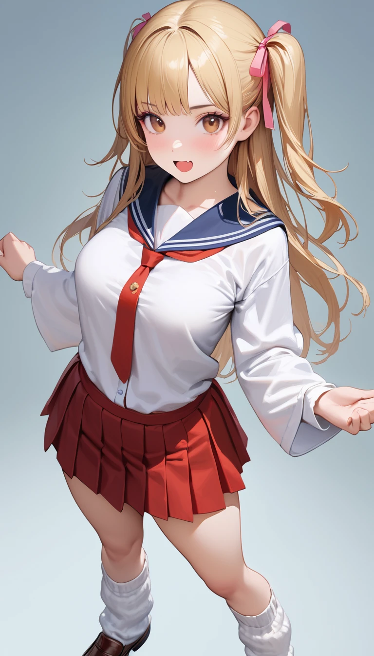 Sailor shirt with a wide open collar, Full body standing portrait, (Masterpiece, Super realistic, Super details, Super Highest Quality, Super Highest Quality), super cute and beautiful girl, You are male professional photographer, Japanese gal, For dark brown eyes, Blonde yellow hair, Pink ribbon, gal make-up, False eyelashes, Pearl pink lips, Unbuttoned out Hemmed sailor red open collared open front white shirt, (Very thin shirt:1.3), beautiful side face focus, big open mouth, (brown eyes:1.4), big round chest, BREAK, (Half down two side up blonde very long hair style:1.4), (Wider at the hem flabby large in size Super Loose Socks:1.4), An innocent 16-year-old girl, (skin fang:1.2), realistic cute Japanese girl, standing pose, wear white unbuttoned shirt, low-rise pleated plaid micro mini skirt, Japanese cute girls, long hair, blonde hair, two side up, hair ribbon, pink ribbon, frills, opened sailor collar, necktie, white shirt, long sleeves, red skirt, loafer, (Hemmed white frilled sexy outfit:1.3),