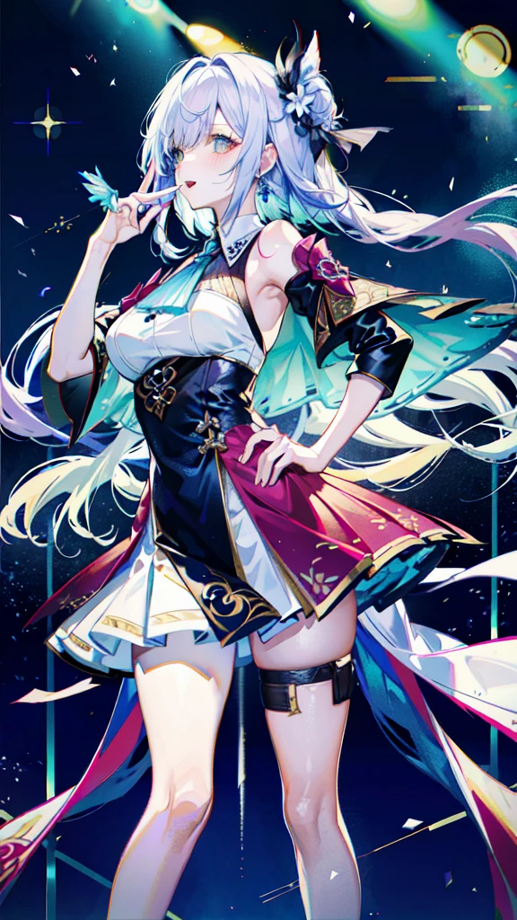 (best quality, Detailed background, High resolution, absurd, bloom, disheveled hair, shiny hair, expostured in lighting, Smart pupils),
1 Girl, Focus on the legs, earpiece, long hair, silver hair, Large target_breast, action_posture, permanent,  Put your hands behind your back, stage, spotlight, Glass Ceiling, 
shenhe \(Genshin Impact\), hair_Decorations, hair over one eye,  Designer Dresses,  Dutch_angle,