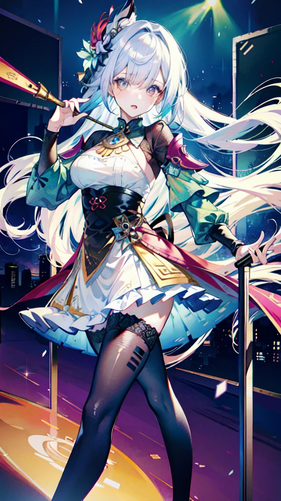 (best quality, Detailed background, High resolution, absurd, bloom, disheveled hair, shiny hair, expostured in lighting, Smart pupils),
1 Girl, Focus on the legs, earpiece, long hair, silver hair, Large target_breast, action_posture, permanent, Put your hands behind your back, stage, spotlight, Glass Ceiling,
shenhe \(Genshin Impact\), hair_Decorations, hair over one eye, Designer Dresses, Dutch_angle,