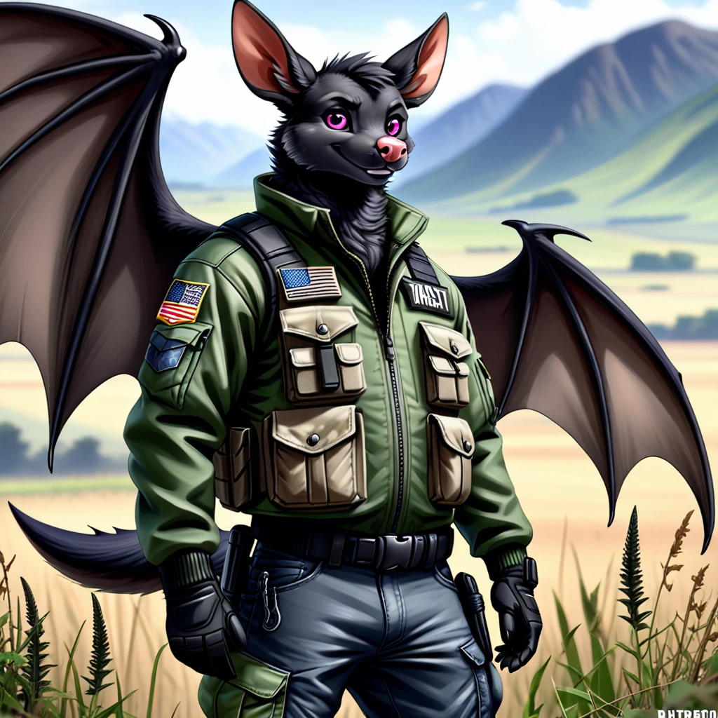 Furry, Male Anthro Bat, (((black fur))), pink eyes, pink nose, 4k, ultra high quality, detailed face, detailed body, detailed picture, detailed fur, wings, deer antlers, stand, smile, (((Species; Bat))), Field Jacket, tactical boots, tactical pants, close up