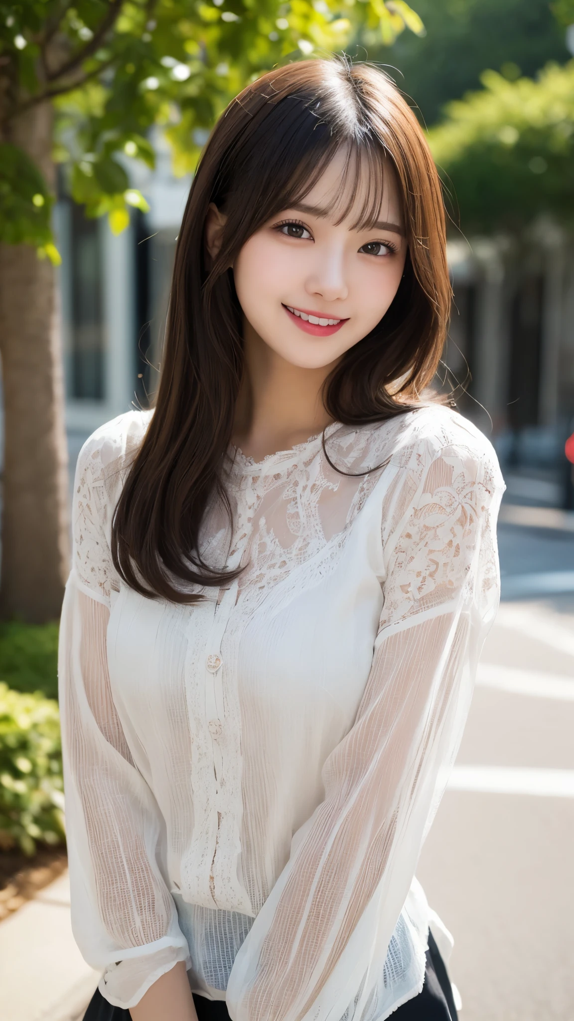 masterpiece, best quality, illustration, ultra-detailed, finely detailed, high resolution, 8K wallpaper, perfect dynamic composition, beautiful detailed eyes, summer blouse setup clothes, medium hair, small breasts, natural color lips, bold sexy poses, smile, Harajuku, 18 years old girl, cute, sexy shot, looking at camera