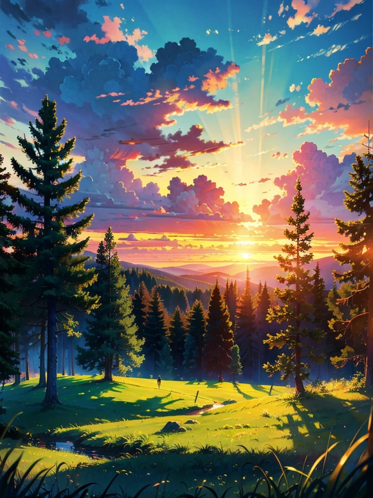 beautiful sunset, BREAK (masterpiece, best quality:1.2), outdoors, nature, forest, pines, grass, tall grass, detailed grass, plants, day, clouds,