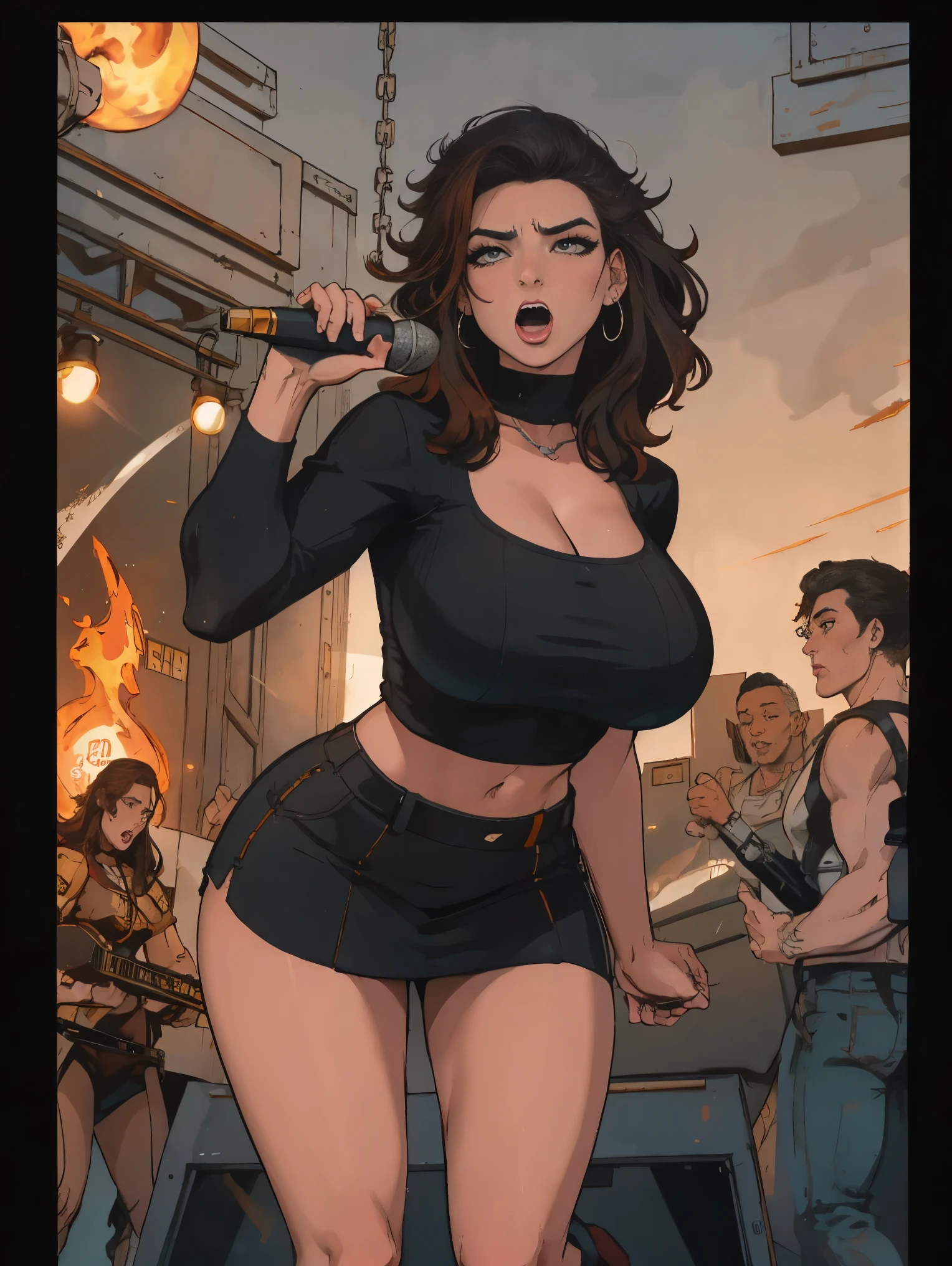 Extremely busty thin and toned brunette death metal singer, college girl, fair skin, big hair, hair pulled back, soft face, athletic, heavy makeup, piercings, black leather, studs, tight black top, boots, fingerless gloves, tight skirt, chains. standing on a stage, pyrotechnics, holding a microphone, metal concert. (microphone), angry, rage, screaming. Heavy metal. Death metal. Explosions, fire.