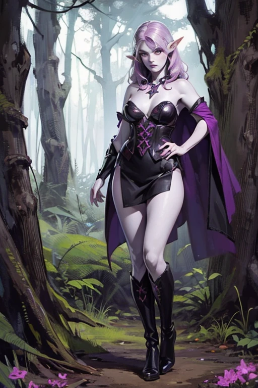 (full body:1.4),((ultra realistic illustration:1.2)),(dark fantasy:1.4), In a mystical forest. Beautiful Elven mage. Wild (magenta hair), violet eyes, ((very pale:1.4)), beautifully fit figure, small perky breasts. (tribal war paint), leather bustier, cape, thigh high boots .Masterpiece, (highly detailed:1.2),(detailed face and eyes:1.2), 8k wallpaper, natural lighting. core shadows, high contrast, bokeh.