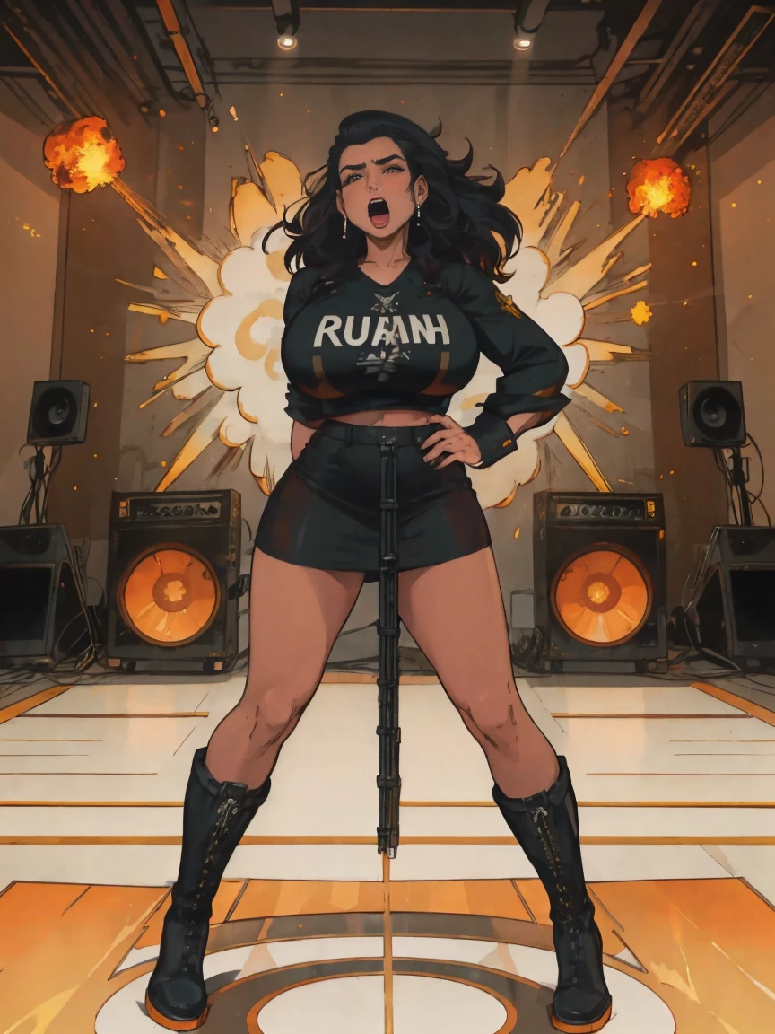 Extremely busty thin and toned brunette death metal singer, college girl, fair skin, big hair, hair pulled back, soft face, athletic, heavy makeup, piercings, black leather, studs, tight black top, boots, fingerless gloves, tight skirt, chains. standing on a stage, pyrotechnics, holding a microphone, metal concert. (microphone), angry, rage, screaming. Heavy metal. Death metal. Explosions, fire.