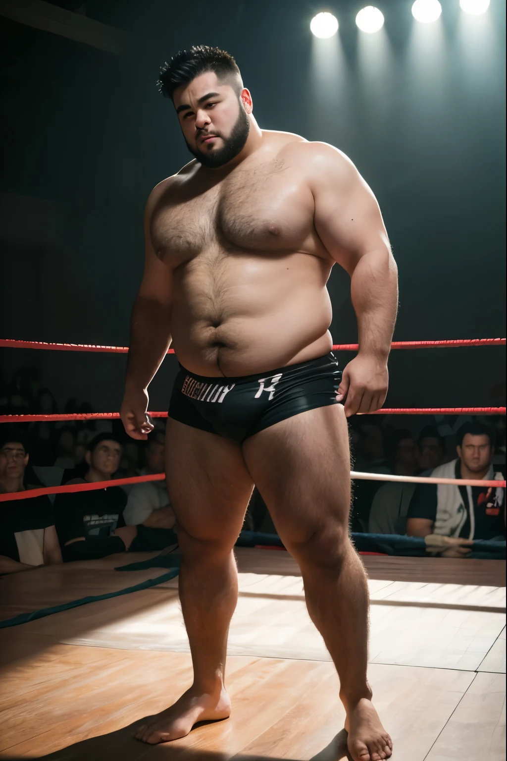 A tall, stocky+fat, plumpy, pro-wrestling,slightly hairy, 21-year-old Japanese male, college student, thick arms and legs, shaved head, broken jaw, shaven face, detailed eyes, fine eyebrows, standing , full body , toe, (best quality,4k,8k,highres,masterpiece:1.2),ultra-detailed,(realistic,photorealistic,photo-realistic:1.37),portrait,concept art,dramatic lighting,cinematic,vibrant colors,chiaroscuro
