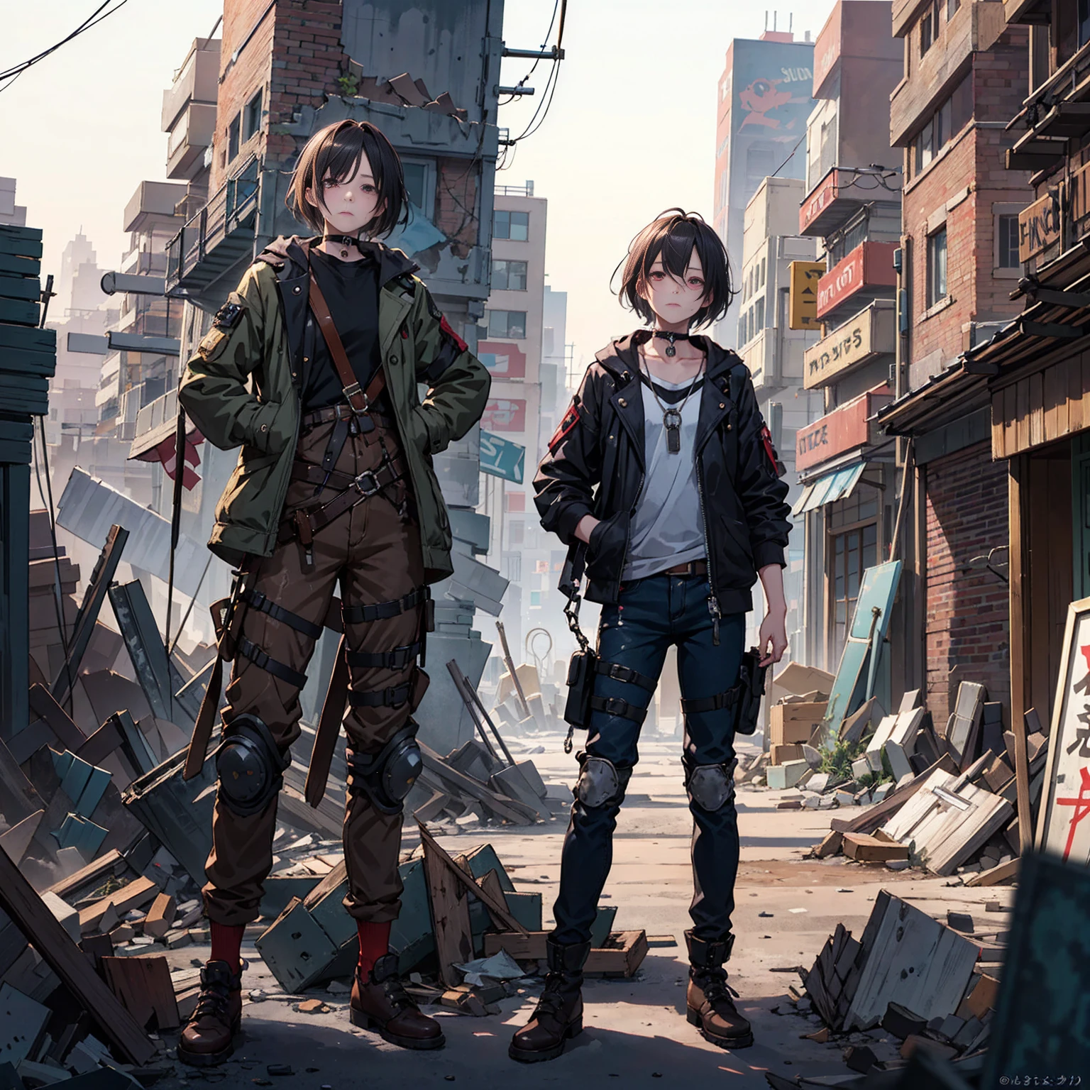 score_9, score_8_up, score_7_up, score_6_up, score_5_up, score_4_up, Concept: Post-apocalyptic Town Square Portrait Subject: Age: Young adult Appearance: Pale skin, short chin-length hair, tired eyes with eyebags Clothing: Simple, worn clothing appropriate for a post-apocalyptic setting Optional: Slave leather choker collar and shackles Posture: Standing, exhausted (hands behind her back, or bound wrists or wearing shackles) Expression: Embarrassed and humiliated Setting: Location: Center of a post-apocalyptic town square Style: Ruined buildings, debris, a sense of desolation Style: Art style: Masterpiece digital art, realistic, detailed