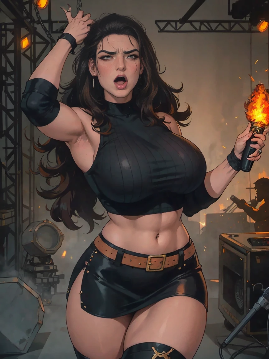 Extremely busty thin and toned brunette death metal singer, college girl, fair skin, big hair, hair pulled back, soft face, athletic, heavy makeup, piercings, black leather, studs, tight black top, boots, fingerless gloves, tight skirt, chains. standing on a stage, pyrotechnics, holding a microphone, metal concert. (microphone), angry, rage, screaming. Heavy metal. Death metal. Explosions, fire.