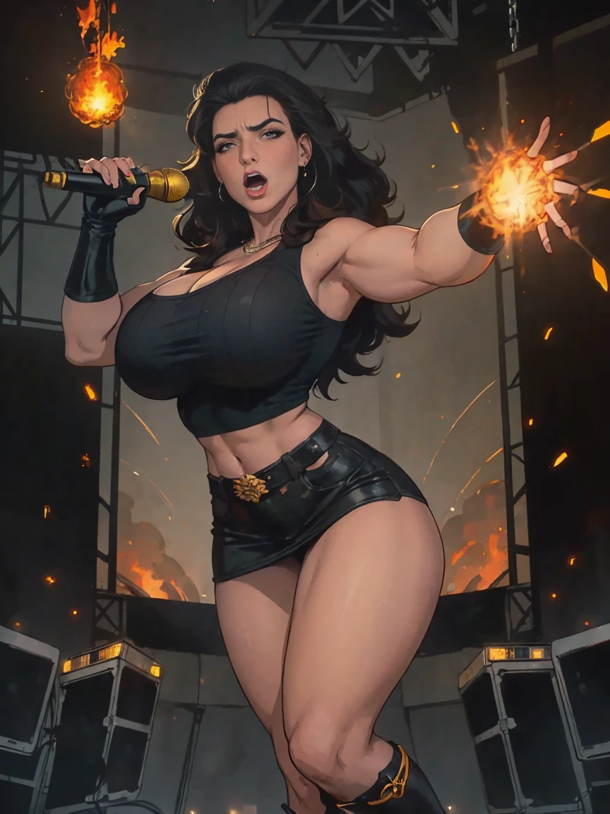 Extremely busty thin and toned brunette death metal singer, college girl, fair skin, big hair, hair pulled back, soft face, athletic, heavy makeup, piercings, black leather, studs, tight black top, boots, fingerless gloves, tight skirt, chains. standing on a stage, pyrotechnics, holding a microphone, metal concert. (microphone), angry, rage, screaming. Heavy metal. Death metal. Explosions, fire.